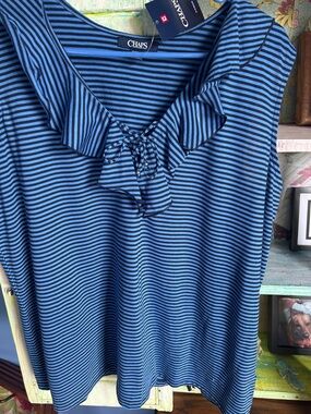 Chaps Blue & Black Striped Ruffle V-Neck Tank